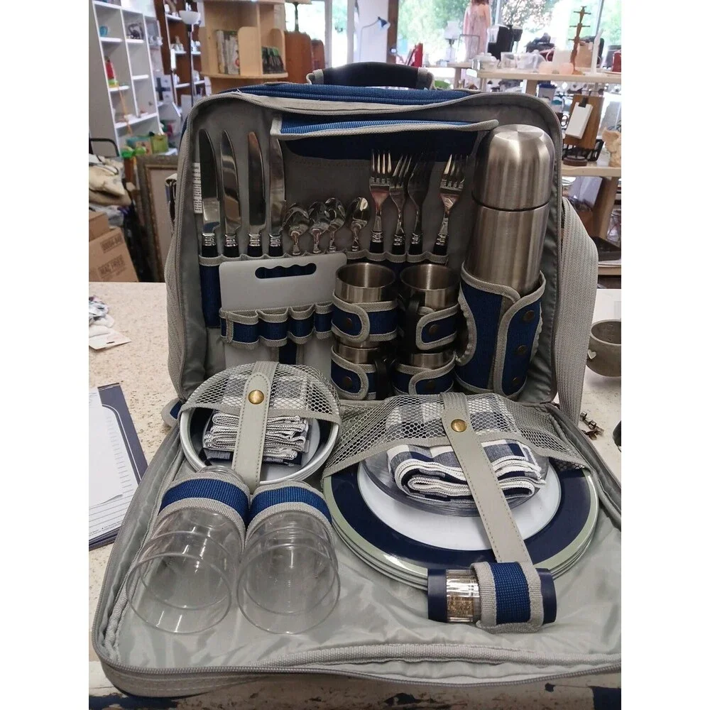 SwissGear Blue and Gray Picnic Backpack with Full Picnic Set